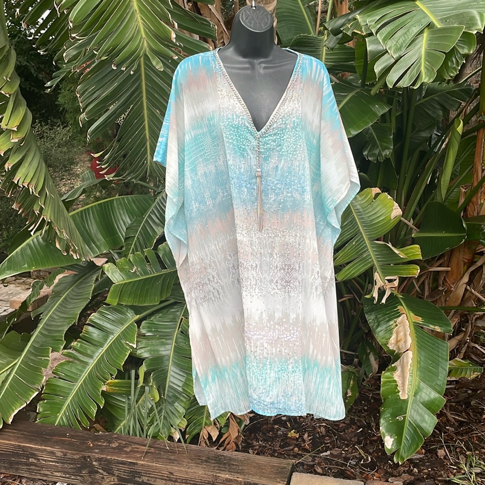 Chicos, ocean wave, sequin and chain, caftan cover-up